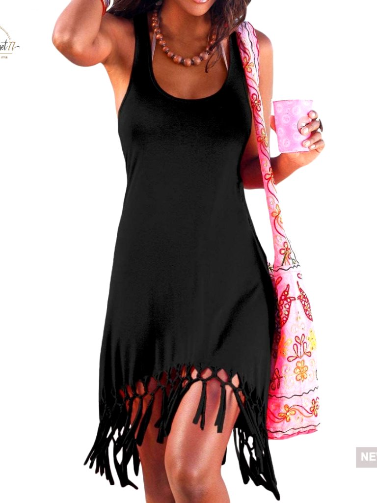 Large Loose Fit Fringe Hem Swim Cover Up Polyester Spandex Beach Dress